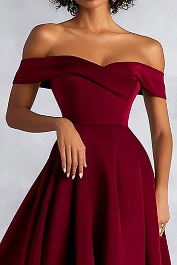 Burgundy A Line Off The Shoulder Satin Midi Formal Dress